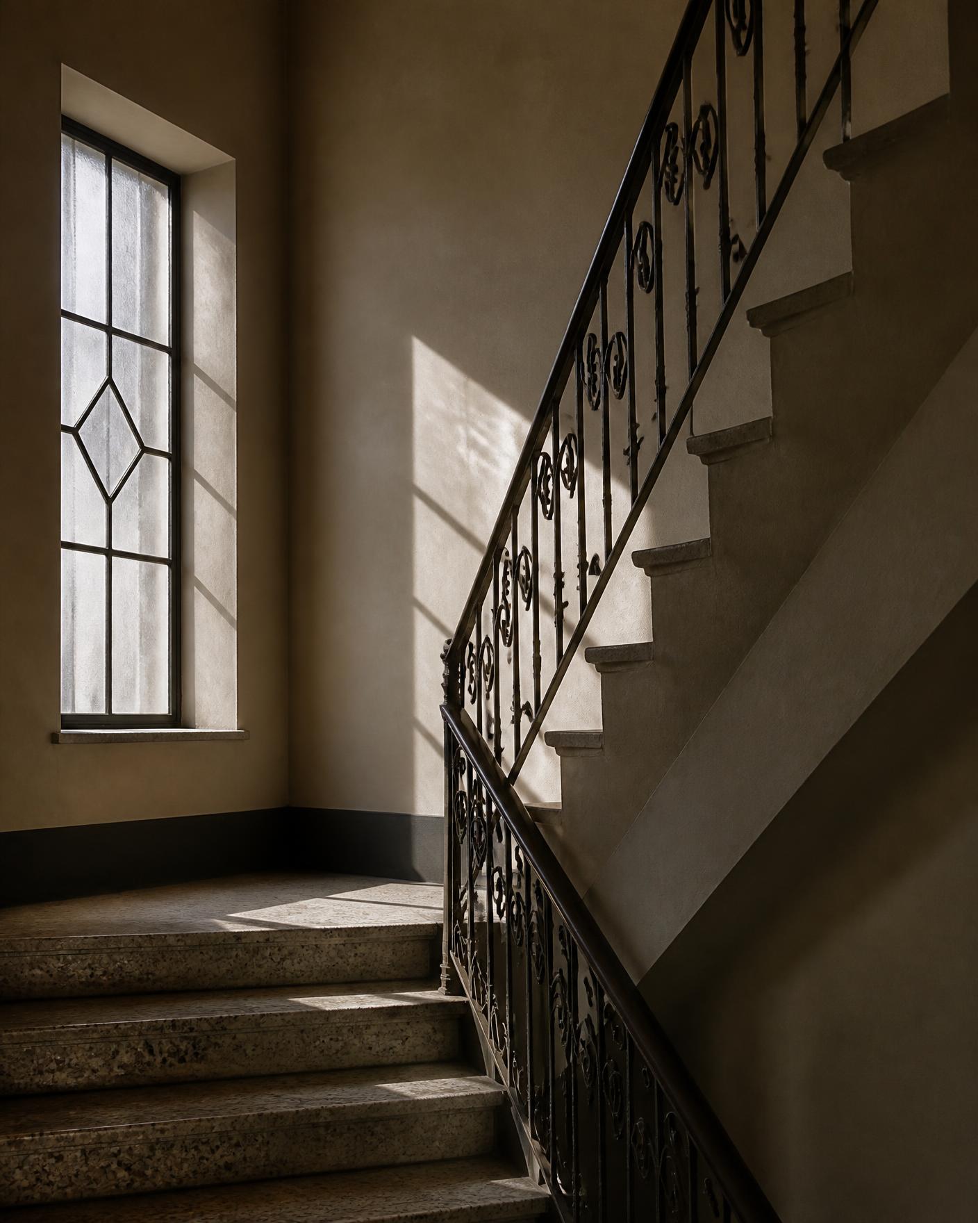 Historic interior stairway with terrazzo steps and wrought iron railing